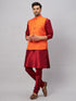 Vastramay Men's Orange Matka Silk Nehru Jacket With Maroon Silk Blend Kurta Pyjama Set